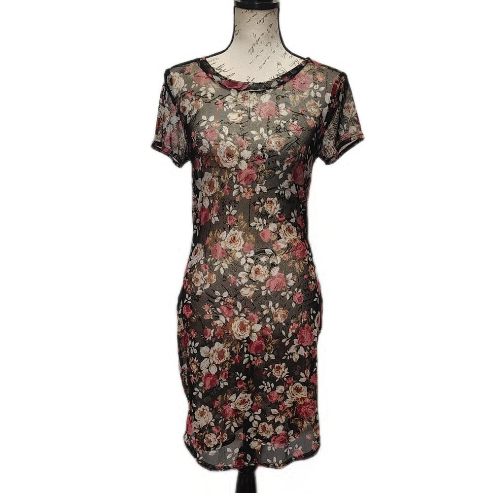 Mind Code Sheer Mesh Floral Rose Knee Length Dress Small Black Pink Forest Fairy